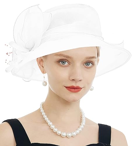 Women's Kentucky Derby Church Dress Hat Wide Brim Leaf Flower Bridal Shower Hat - color: F5 White