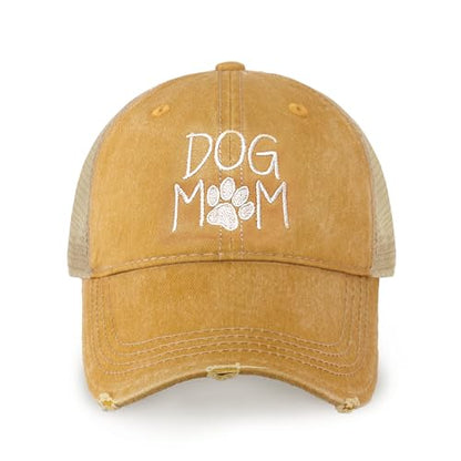CHOK.LIDS Washed Trucker Hat Unstructured Distressed Pigment Dyed Cap - color: Dog Mom (Mustard)