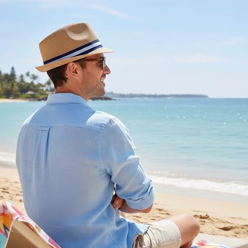 4 Pack Short Brim Straw Fedora Summer Beach Sun Hat Men - color: 2 Pcs Set M