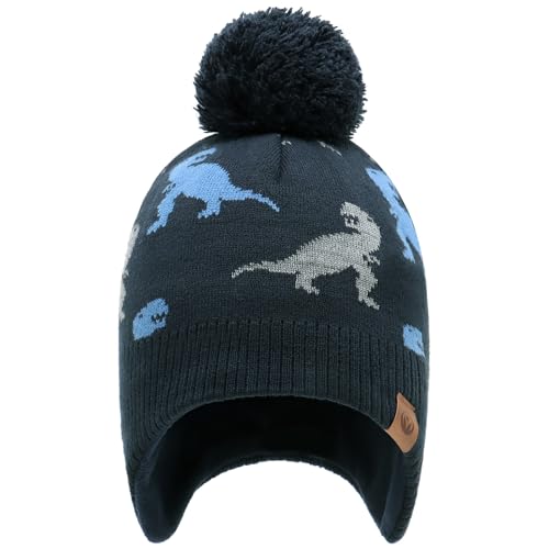 Duoyeree Kids Beanie Dinosaur Pom Pom Knit Winter Hat Fleece Lined for 1-7T - color: Dinosaur, Navy, size: 1-2T