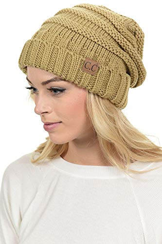 C.C Hat-100 Oversized Baggy Slouch Thick Warm Cap Hat Skully Cable Knit Beanie - color: Camel