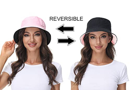 Women Reversible Bucket Hat, Summer Sun Hat for Women - color: Black- Pink