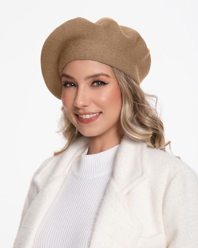 Women's Knitted Beret, French Style Double Layer Winter Autumn Warm and Soft Beanie Hat Cap - color: Dark Camel
