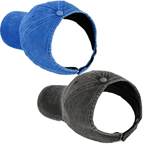 2 Pack Backless Cap for Women Natural Curly Hair Hat Baseball Cap Afro Puff Ponytail Hat - color: Black+blue