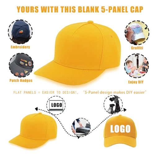 12 Pack Seamless Baseball Caps Wholesale Bulk - No Center Seam, DIY Friendly, Adjustable Breathable Lightweight for Men Women - color: Yellow