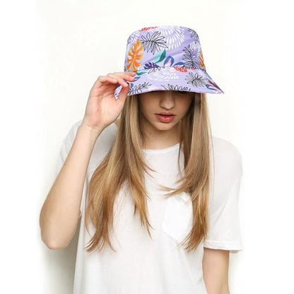 Bucket Hat for Women Men, Cotton Reversible Double Side Wear Sun Hats Beach Fisherman Hat - color: Checkered Print Purple