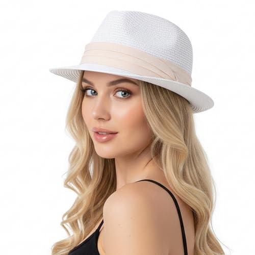 Straw Sun Hat for Men Women Short Brim Beach Trilby Hat UPF 50+ - color: White