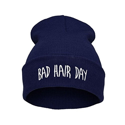 Knit Beanie Hat for Women Men Bad Hair Day Embroidered Winter Skull Cap - color: Navy Blue