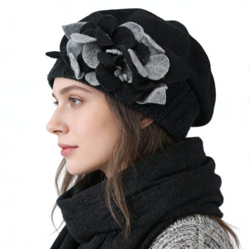 Women’s Vintage Wool Beret Winter Hats Elegant French Beret Beanie Dress Hat for Ladies - color: Hy023-black
