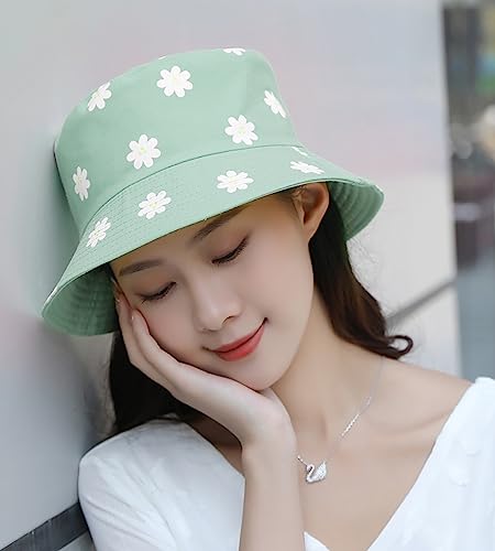 Unisex Bucket Hat Beach Sun Hat Aesthetic Fishing Hat for Men Women Teens, Reversible Double-Side-Wear - color: Flower Green