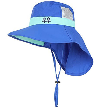 Kids Sun Hats UPF 50+ Sun Protection Hat for Kids with Neck Flap Adjustable Large Brim Beach Fishing Hat for Age 3-12 - color: Blue