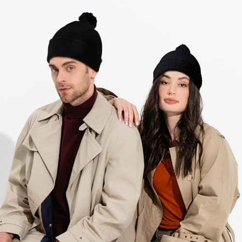 Geyoga 2 Pcs Pom Beanie Hat Men Women Winter Hat Pom Knit Cap Beanies with Ball at Top Acrylic Winter Cap with Cuff - color: Black 01, style: Classical