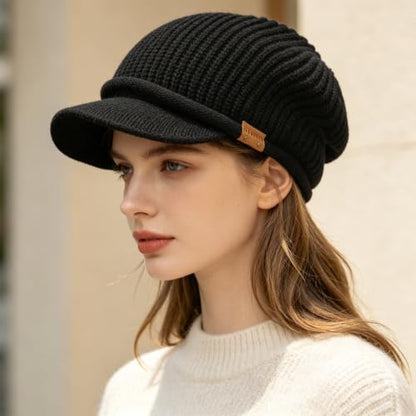 Winter Beanie with Visor - Stylish Knit Hat with Bill - Thick Brimmed Beanies with Fleece Lining Men and Women - color: B326-black