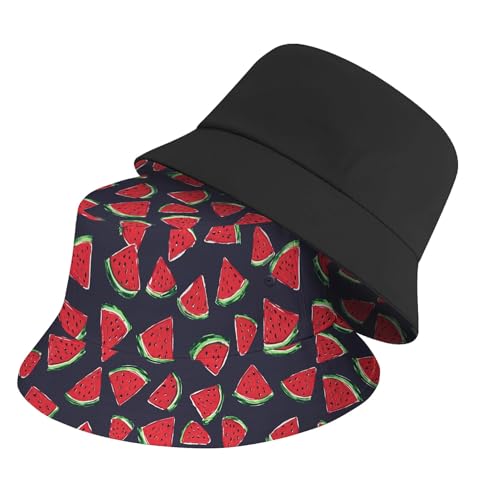 Amasnay Neon Bucket Hat Cotton Double-Side-Wear Reversible Sun Hat for Women Men, Summer Vacation Travel Beach Fisherman Hat - color: Navy Watermelon