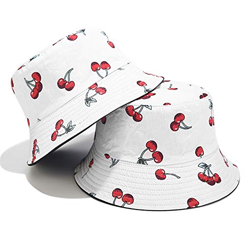 Unisex Print Double-Side-Wear Reversible Bucket Hat - color: Cherry White