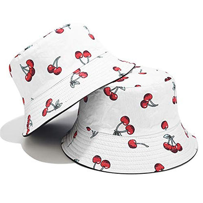 Unisex Print Double-Side-Wear Reversible Bucket Hat - color: Cherry White