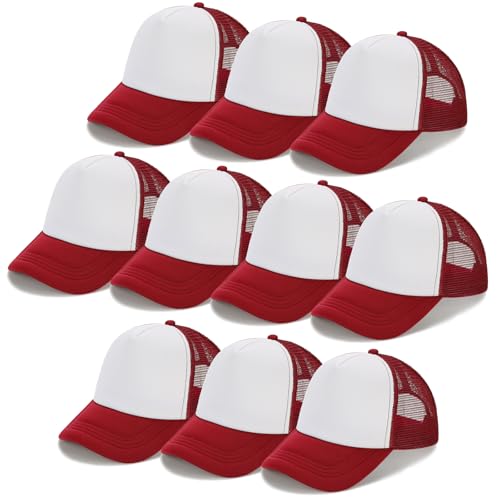 Ultrafun 10 Pack Trucker Hat Mesh Sublimation Blank Hats Adjustable Baseball Caps Hats for Men Women - color: Wine Red White