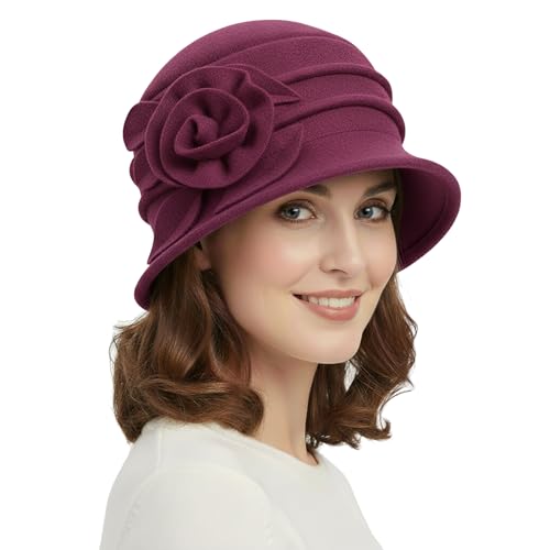 Women Cloche Bucket Hat 1920s Vintage Dress Winter Hats - color: Flower Wine Red