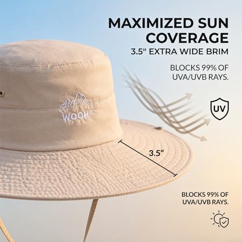 WOOH Sun Hats for Women,UPF80+ Wide Brim Foldable Bucket Hat with Adjustable Chin Strap,Summer Hat for Beach Hiking Gardening - color: Beige