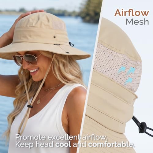 2-in-1 Womens Bucket Sun Hats, Sun Visor Hat, UPF 50+ Wide Brim, Ponytail-Friendly, Packable, Hiking Outdoor - color: Khaki