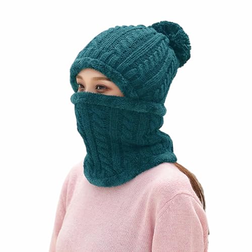 HUAMULAN Women Winter Knit Beanie Hats One Piece Fleece Lined Balaclavas - color: Teal