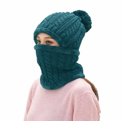 HUAMULAN Women Winter Knit Beanie Hats One Piece Fleece Lined Balaclavas - color: Teal