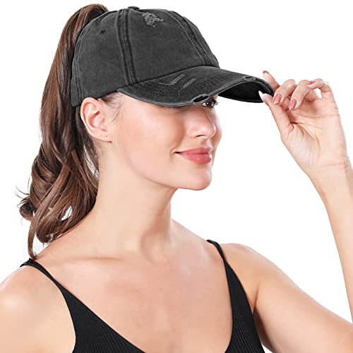 Criss Cross Ponytail Hat Women Washed Distressed Baseball Caps Adjustable High Messy Bun Ponycap - color: B - Denim Black