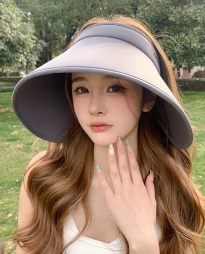Women's Sun Visor Hats UV Protection Wide Brim Beach Sun Hat Fodable Adjustable Cap Ponytail Summer Travel Hat - color: Beige Black
