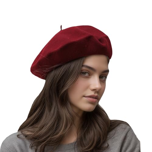 French Beret Hats for Women - Classic Wool Beret Hats Soft Knit Winter Cloche for Daily Outfits - color: Wine Red