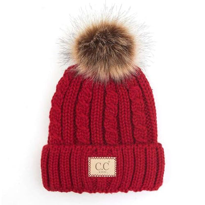 C.C Kids' Suede Patch Snuggly Soft Warm Knit Pom Cuff Beanie - color: Cable Knit Faux Fur, Red