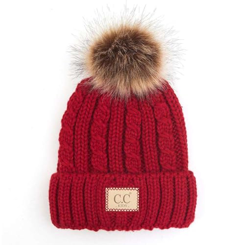 C.C Kids' Suede Patch Snuggly Soft Warm Knit Pom Cuff Beanie - color: Cable Knit Faux Fur, Red
