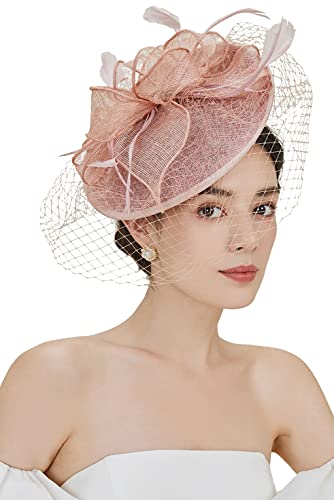 BABEYOND Fascinators Hats for Women Pillbox Kentucky Hat with Feather Veil - color: Nude Pink