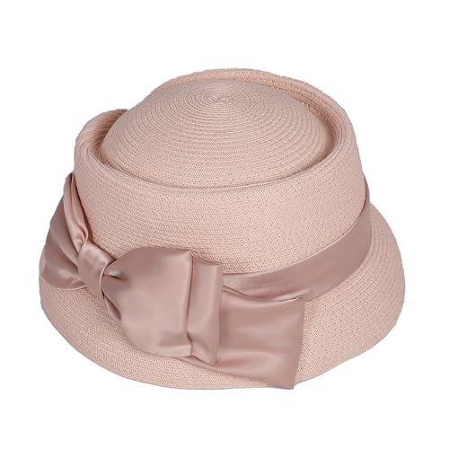 Women’s Vintage Straw Cloche Church Hat with Satin Bow | Elegant Bowler Bucket Hat for Tea Party Wedding Garden Formal Events - color: Pink