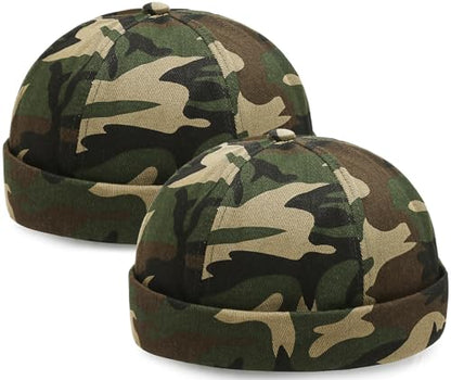 2 Pcs Mens Brimless Docker Cap Set - Retro Worker Sailor Skull Cap Beanie with Rolled Cuff - color: Camouflage