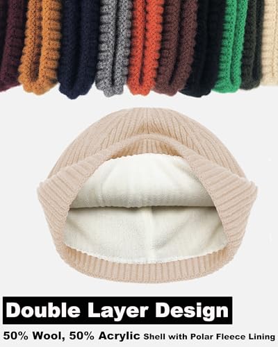 Short Fisherman Beanie for Men Women Wool Fleece Lined Winter Hat - color: 1pcs-beige