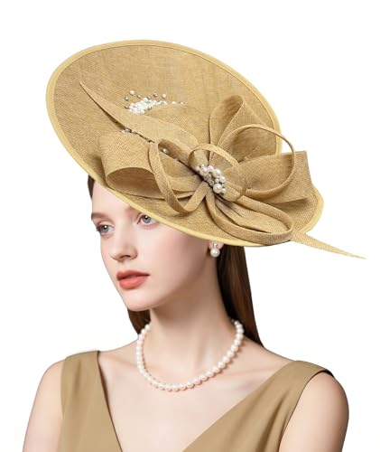 dressfan Vintage Fascinator Hats for Women,Linen Pearl Fascinator for Derby Church Wedding Tea Party - color: Khaki