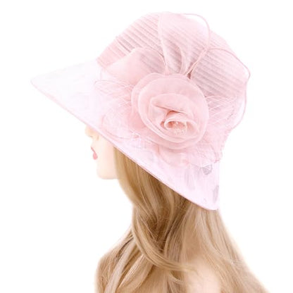 Haoohu Women's Church Derby Hat Wide Brim Bow Bucket Hat Wedding Dress Hat Fascinator Bridal Tea Party Hat - color: Tm Light Pink