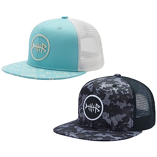 BASSDASH 2 Pack Flat Brim Trucker Cap Adjustable Snapback Hat Mesh Back for Men Women Fishing Hunting - color: Pack of 2,turquoise & Night Digital Camo