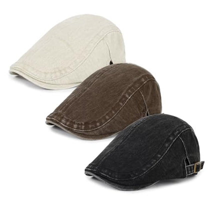 3Pcs Men's Newsboy Caps Cotton Cooling Hat Adjustable Flat Cap for Men - color: Washed 2-black+khaki+coffee