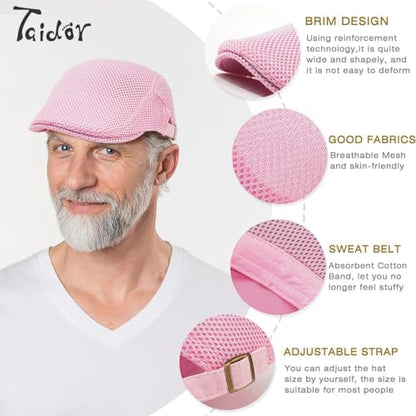 2 Pack Men's Mesh Cap Breathable Summer Newsboy Hat Adjustable Beret Ivy Cap Irish Cabbie Driving Hunting Hats - color: Black/Pink