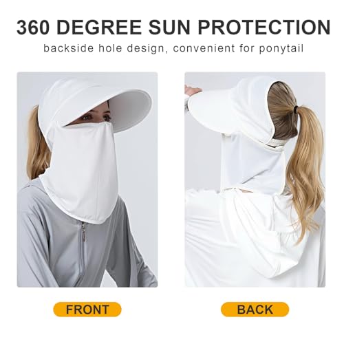Women Wide Brim Face Mask Sun Hat Detachable Neck Face Flap Ponytail UV Protection Visor Hat Garden Fishing Hiking - color: Bg8094-baise