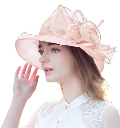 Women's Organza Derby Fascinator Hat Cloche Bowler Hat Cocktail Tea Party Wedding Sun Hat - color: B6-nudepink