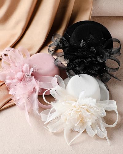 Zinniday Girls Tea Party Hats Set - 5 Pcs Mini Top Hat with Pearl Necklace Bracelet Hand Fan and Lace Gloves for Party - color: White