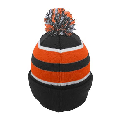 Pacific Headwear Unisex Adult Pacific Headwear Knit Fold Over Pom-pom Beanie - color: Black/Orange/White, size: One Size