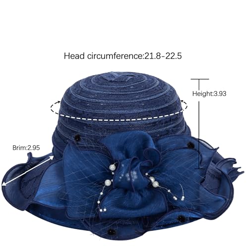 Women Wide Brim Organza Derby Hat Summer Sun Hat Fascinator Bridal Tea Party Wedding Hat - color: Navy