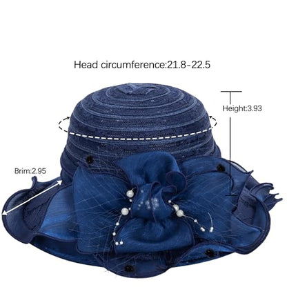 Women Wide Brim Organza Derby Hat Summer Sun Hat Fascinator Bridal Tea Party Wedding Hat - color: Navy