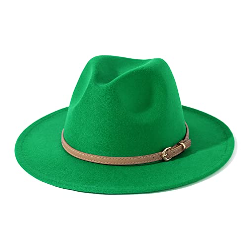 Lisianthus Women Classic Felt Fedora Wide Brim Hat with Belt Buckle - color: Forest-green