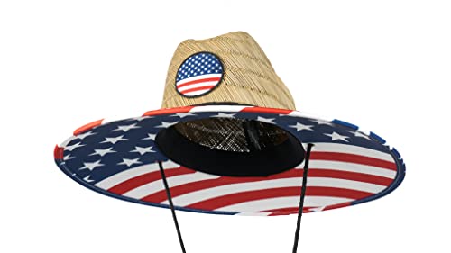 grinderPUNCH Straw Sun Hat for Men Women Wide Brim Beach Fishing UPF 50 - color: Usa Flag
