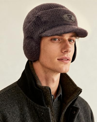 CLAPE Cozy Head Beanies with Brim, Small Billed Beanie for Cold Weather Mens Winter Warm Knit Hat with Ear Flaps - color: Kh25d18-brown
