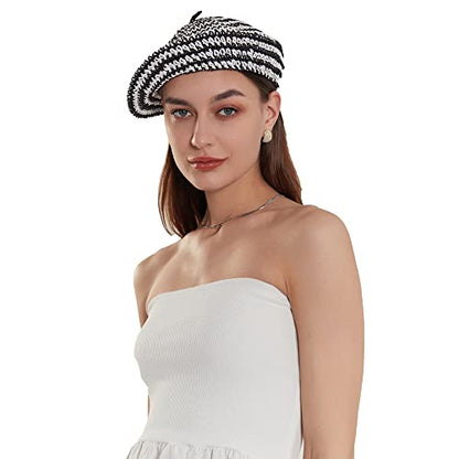 Straw Beret Summer French Beret Hats for Women Artist Crochet Beret - color: Striped